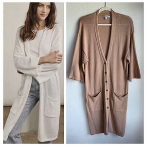 Elizabeth and James Long Duster Button Front Cardigan with Pockets in Camel M